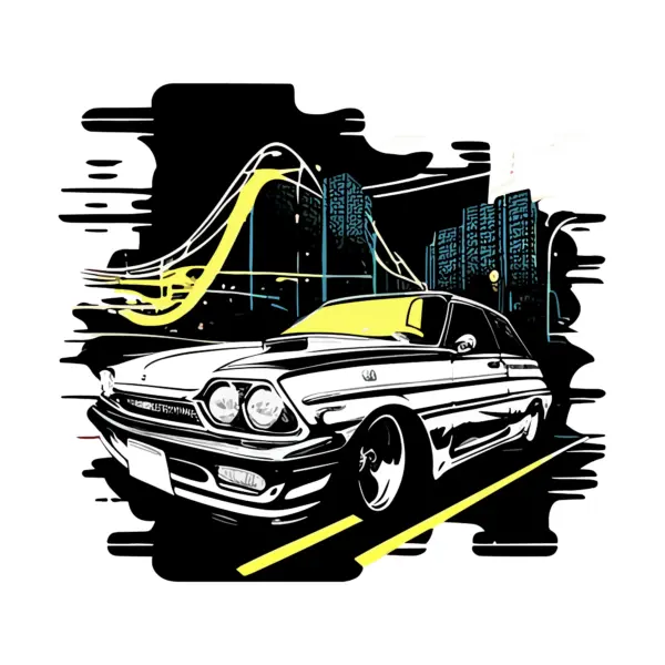 Classic car on the road at night with buildings in the background design