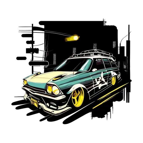 Classic car on the road at night design