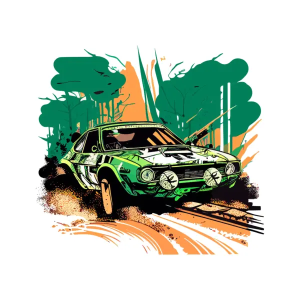 Rally car kicking up dust with smoke all around in a forest design