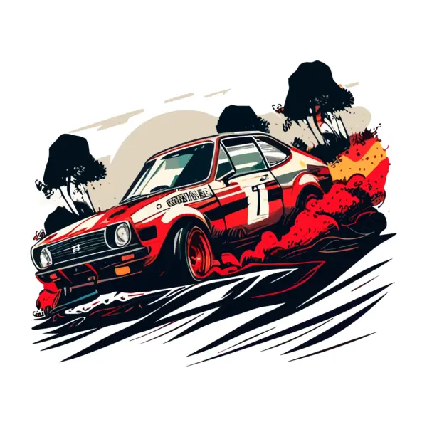 Rally car kicking up dust with smoke all around and trees in background design