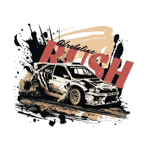 Rally racing car with shadows and adrenaline phrase design