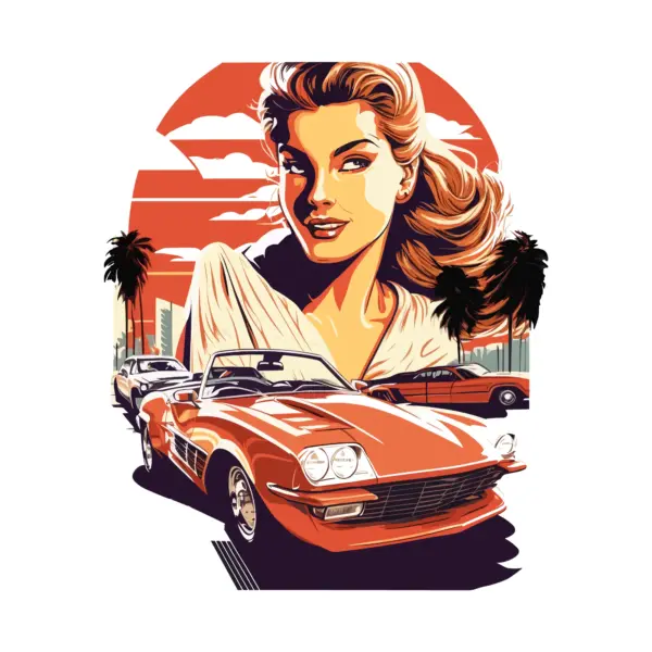 Classic cars with a girl in the background and trees around them design