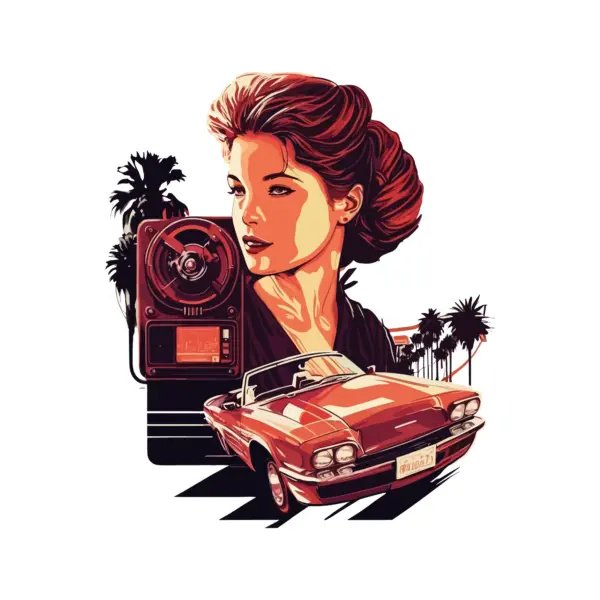 Classic convertible car with background girl decorated with palm trees in the background