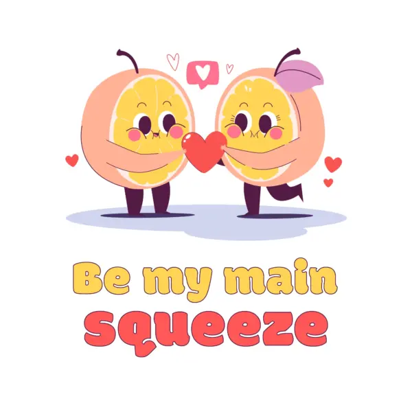 Happy halved fruit holding a heart with love phrase design