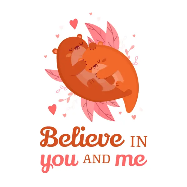 Happy and hugging otters with love phrase design