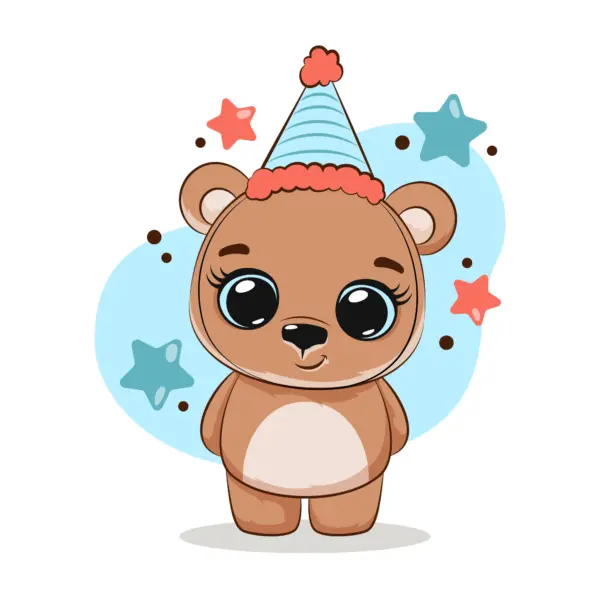 Cute bear with party hat and stars around it design