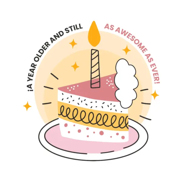 Piece of birthday cake with lighted candle and birthday quote design