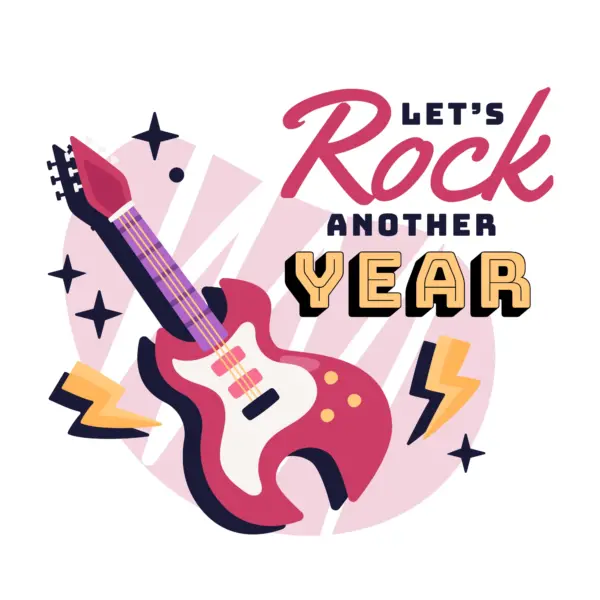 Electric guitar with rock phrase, stars and lightning bolts around it design