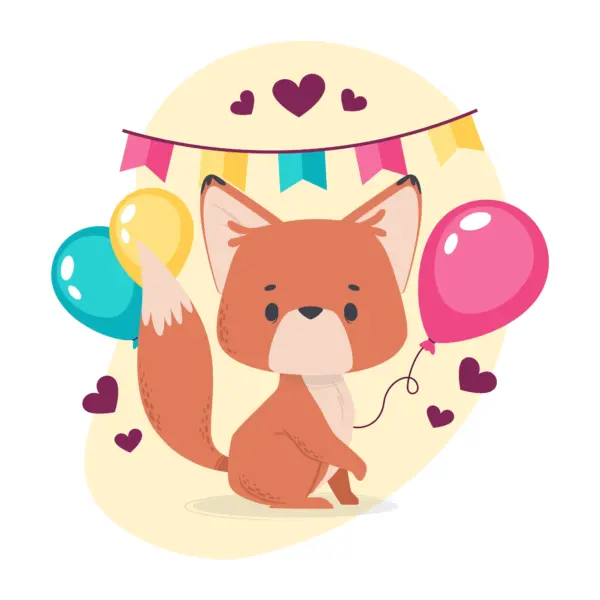 Orange fox with balloons and birthday decoration design