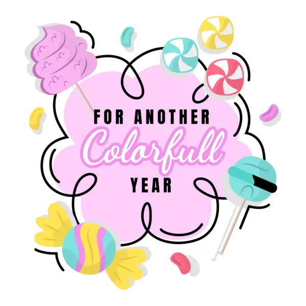 Happy new year phrase in a cloud surrounded by candy design