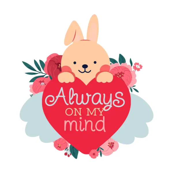 Rabbit holding a heart with phrase and flowers in the background design