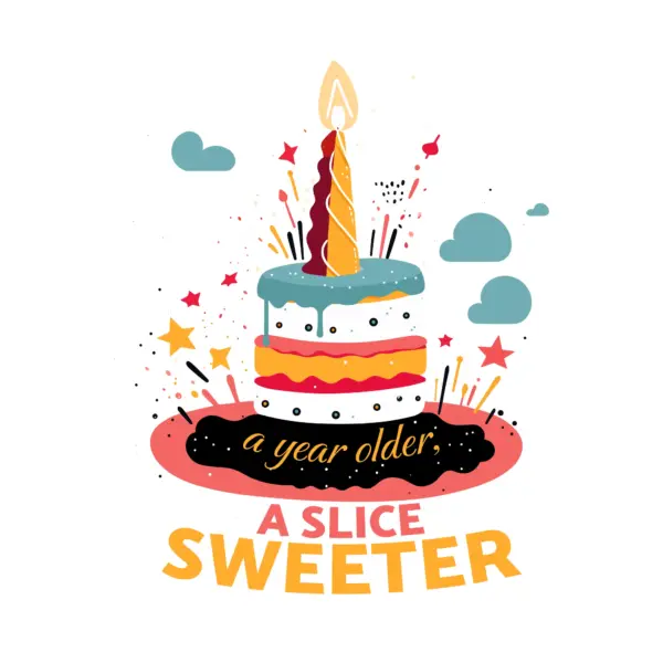 Cake with candle and stars accompanied with a birthday phrase design