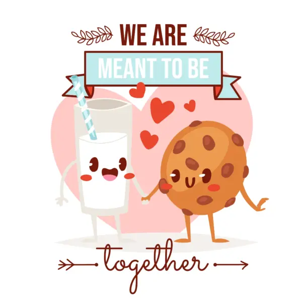 Glass with milk and cookie in love holding hands with hearts around it design