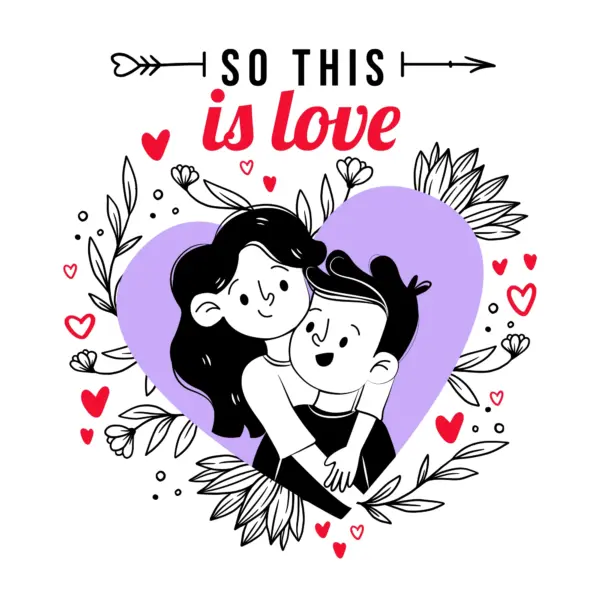 Couple embracing inside a heart and love phrase around it decorated with flowers design