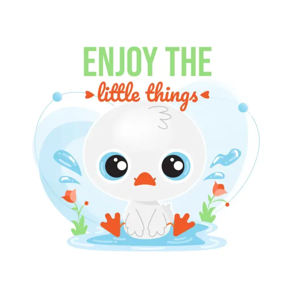 Duck sitting in a small pond of water with a phrase design