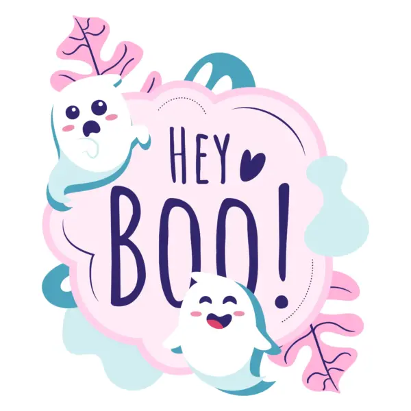 Two ghosts surrounded by leaves with a spooky sentence design