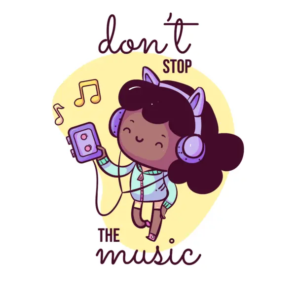 Smiling girl listening to music with cat earbuds while walking design