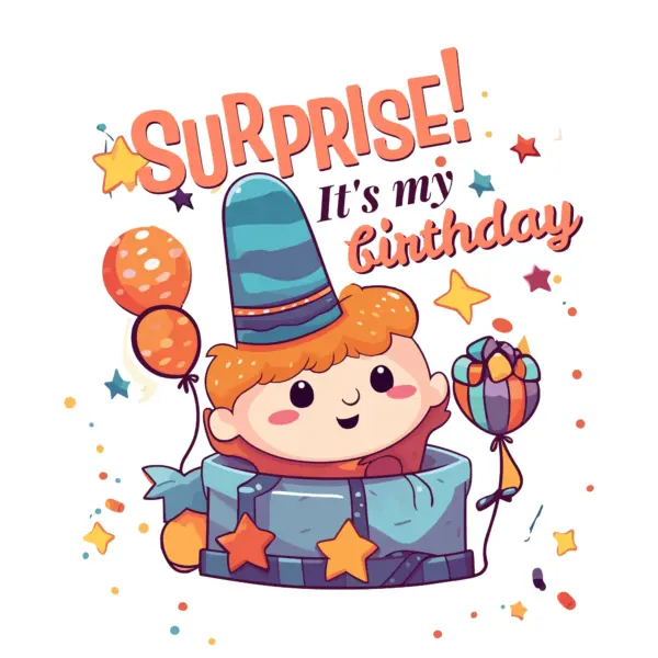 Child coming out of a birthday gift with phrase design