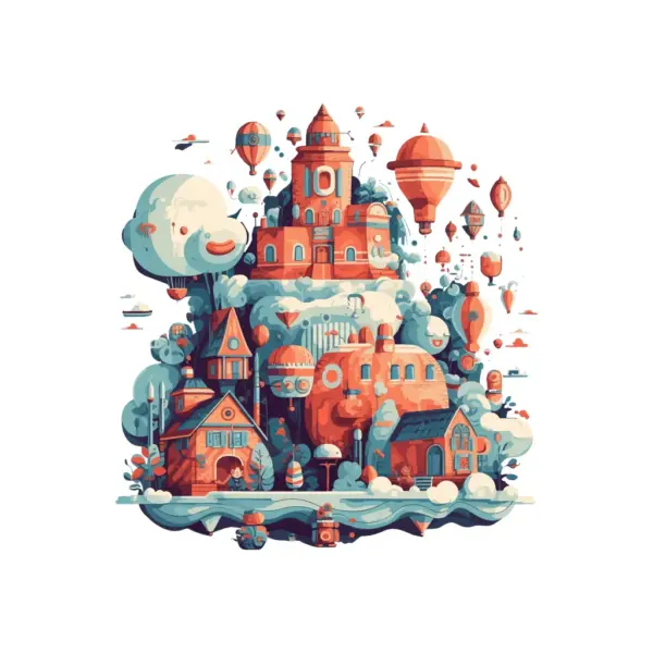 Christmas town with aerostatic balloons and snow around it design