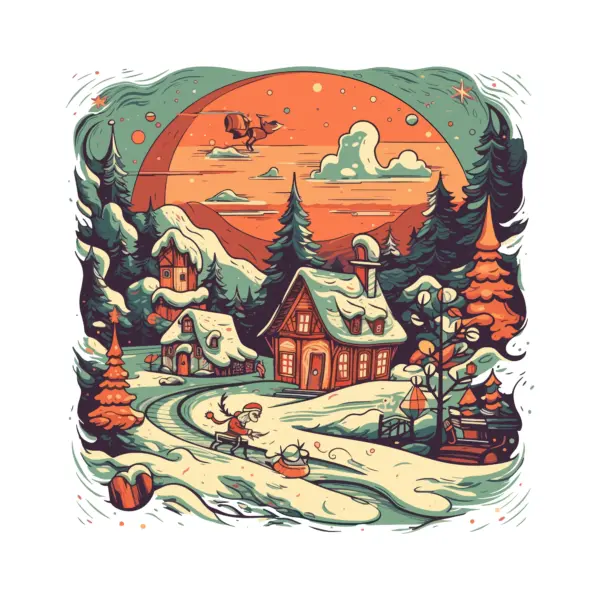 Cabin with trees and snow-filled sunset in christmas style design