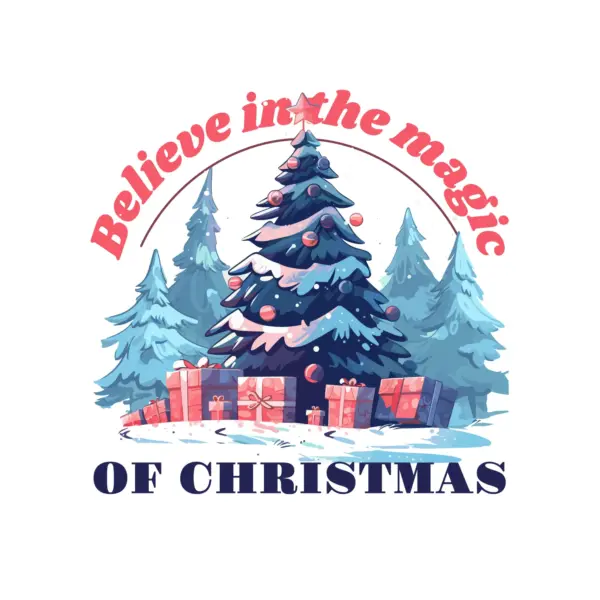 Christmas tree with gifts underneath and christmas phrase design