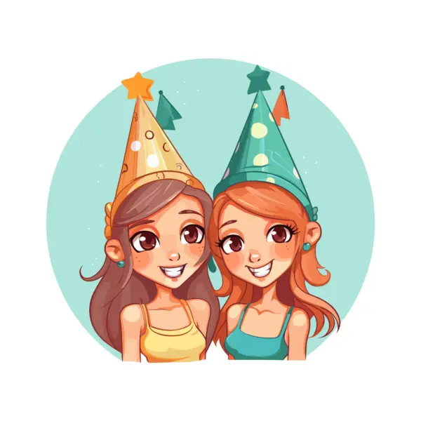 Couple of happy girls celebrating a birthday hats design