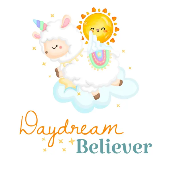 Sheep resting on a cloud with a happy sun and dream phrase design