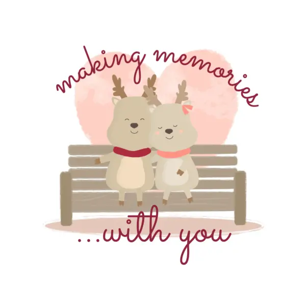 Happy and hugging deer sitting on a bench with love phrase design