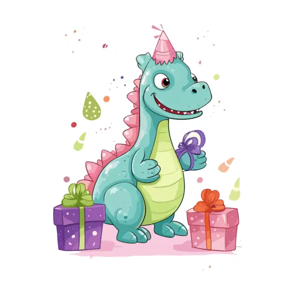 Happy dinosaur with a hat and birthday presents design