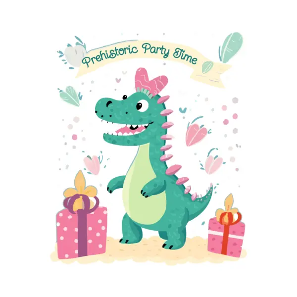 Happy dinosaur with hat, gifts and birthday phrase design