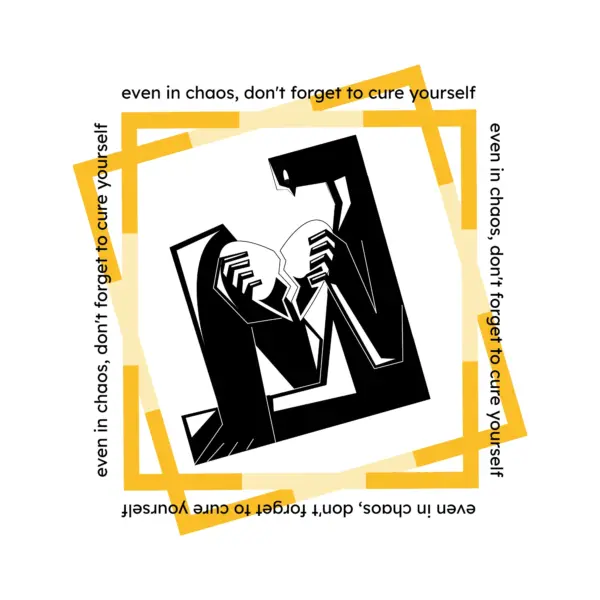 Love phrase with an abstract character holding a broken design