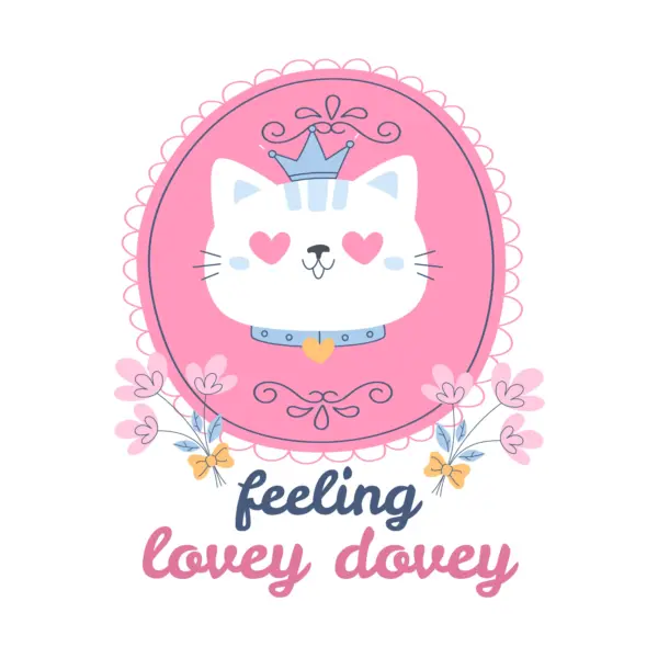 Cat in love with crown and necklace, love phrase and flowers decorate around it design