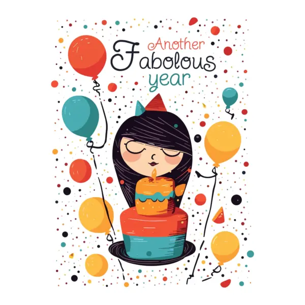 Girl with hat extinguishing birthday candle with cake and balloons design