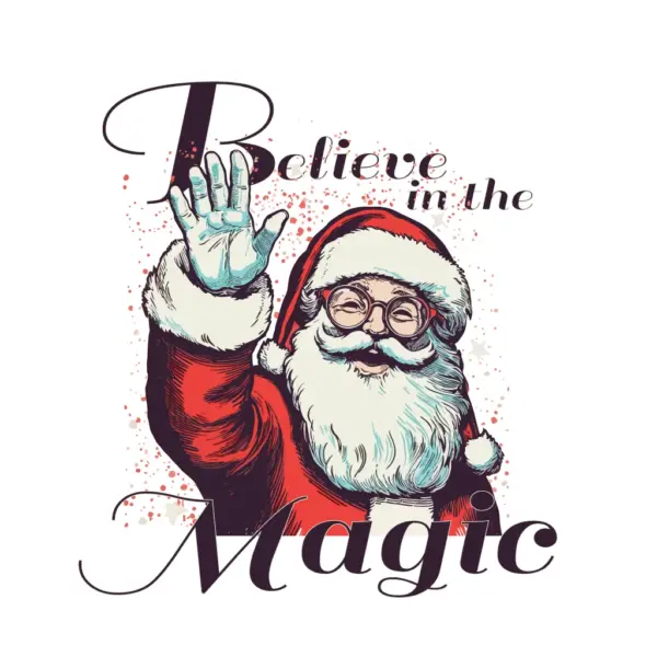 Santa Claus waving with glasses and hat decorated with Christmas phrase design