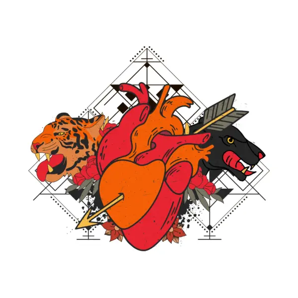 Heart with an arrow, a tiger and a panther on the sides design