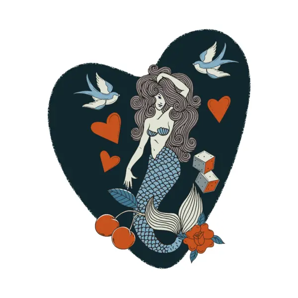 Mermaid holding her hair with a pair of dice, hearts, flowers and birds all around design