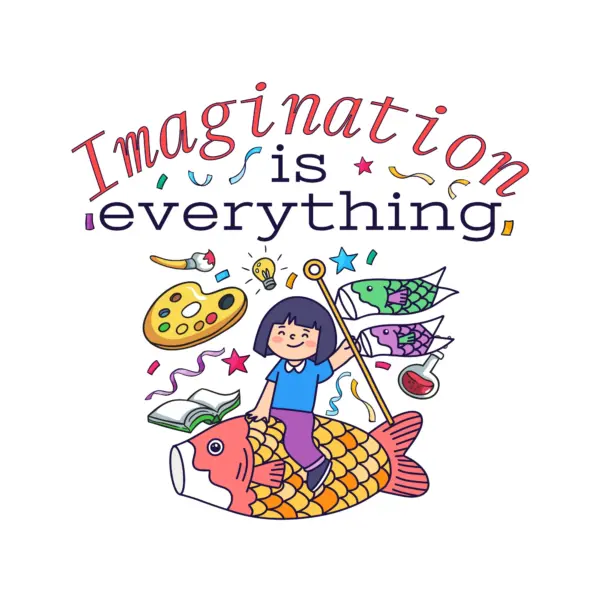 Girl flying over a fish with creative elements design