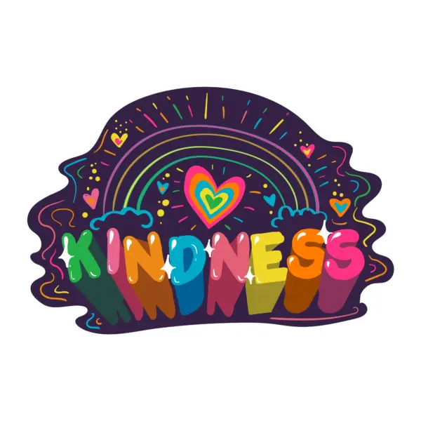 Kindness phrase with rainbows, hearts and sparkles around design