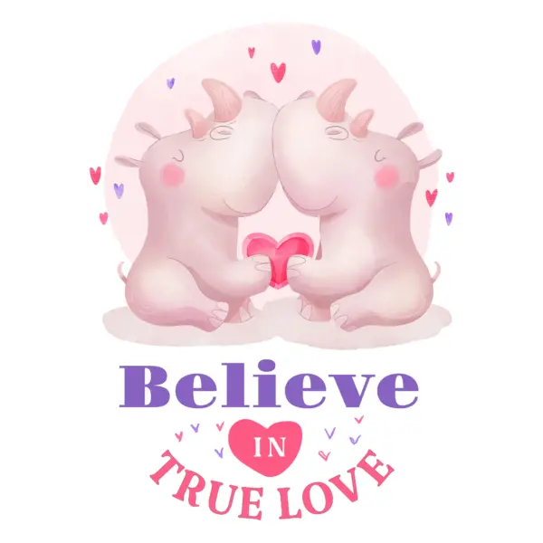 Rhinoceroses kissing each other with love phrase design
