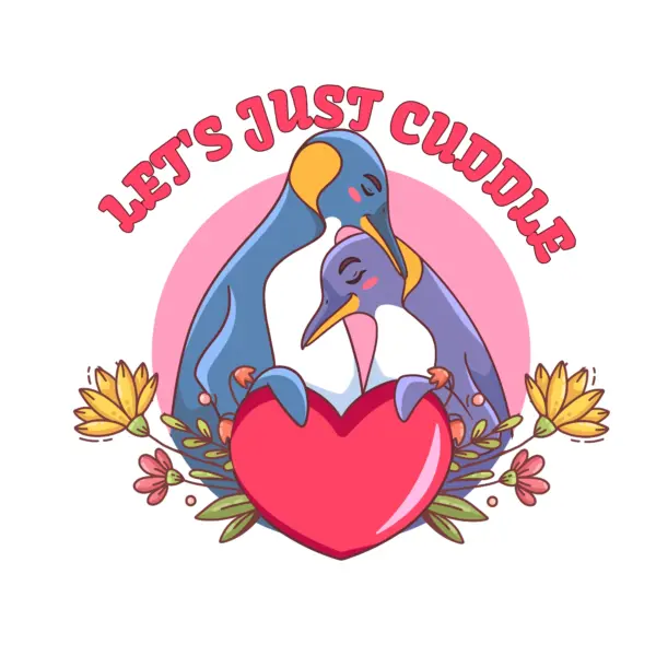 Couple of penguins in love holding a heart with flowers around it design
