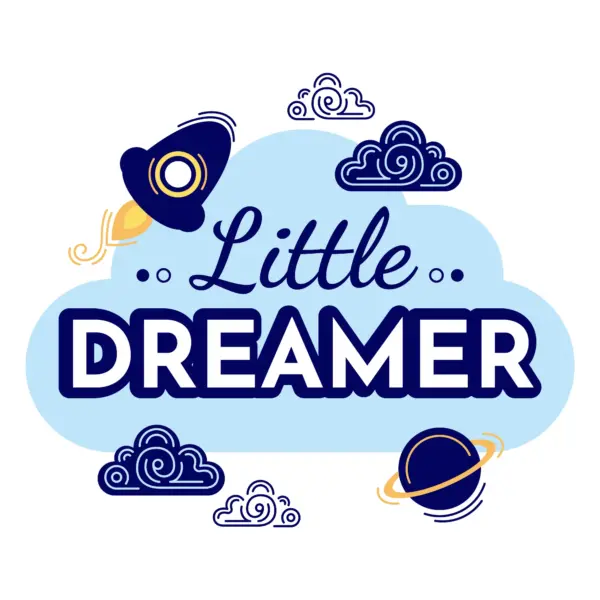 Sign about dreams with clouds, spaceship, planets and clouds all around design