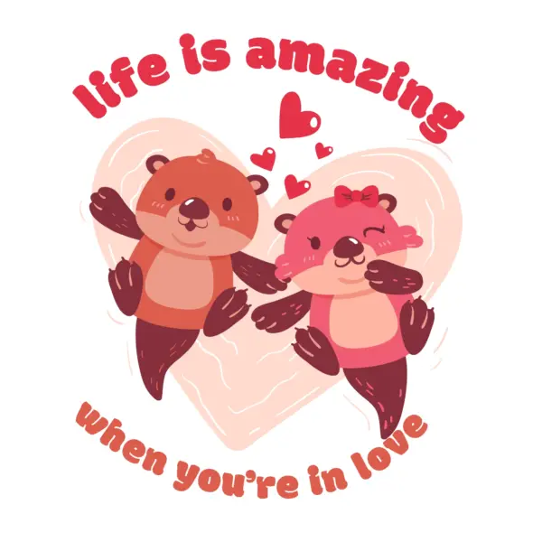Couple of otters holding hands inside a heart with love phrase design