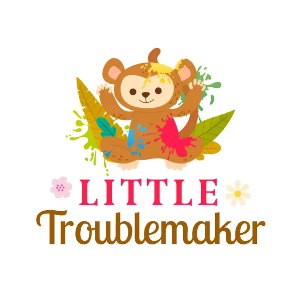 Happy monkey playing with paints and flowers all around accompanied by a phrase design