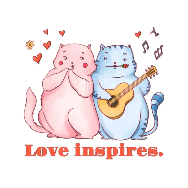 Couple of cats singing with guitar and flowers accompanied with a love phrase design