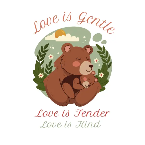 Mama bear cuddling her baby on a nice day in the jungle design