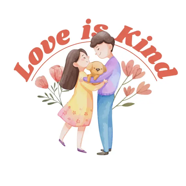 Couple hugging with a dog and flowers around them design