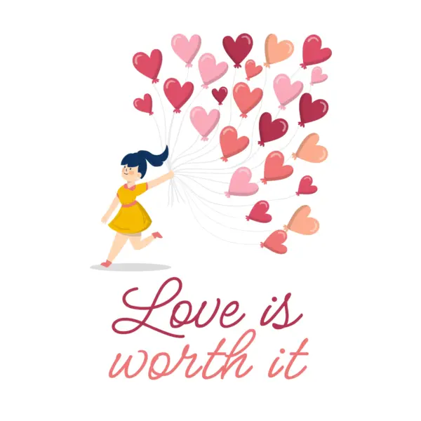 Girl holding balloons of hearts with love phrase design