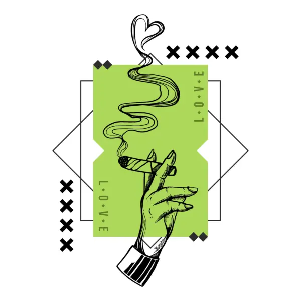 Hand holding a lighted cigarette with a heart-shaped mood design