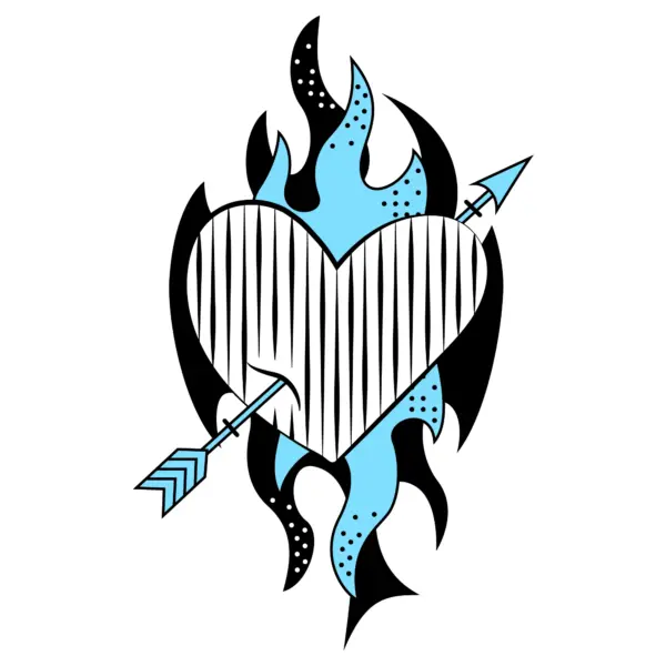 Retro heart with an arrow through it and flames around it design