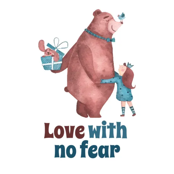 Bear hiding gift for girl with bird perched on her nose design